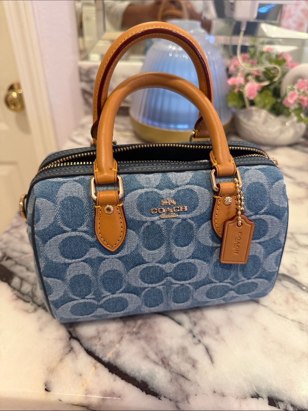 Coach Blue Denim Signature Mini Roman with Tan Leather Trim